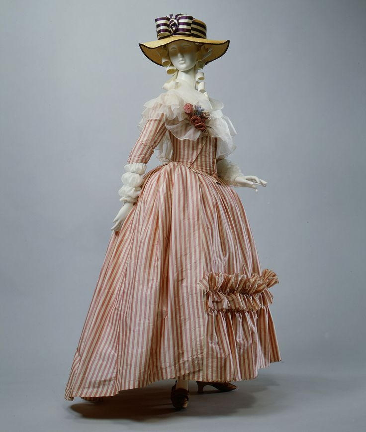 Red & white summery striped silk French Robe à l'Anglaise, 1785–87, with an oh-so perfect hat. @MetMuseum, Acc.#: C.I.66.39a, b