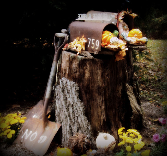 Darling fall mailbox on stump