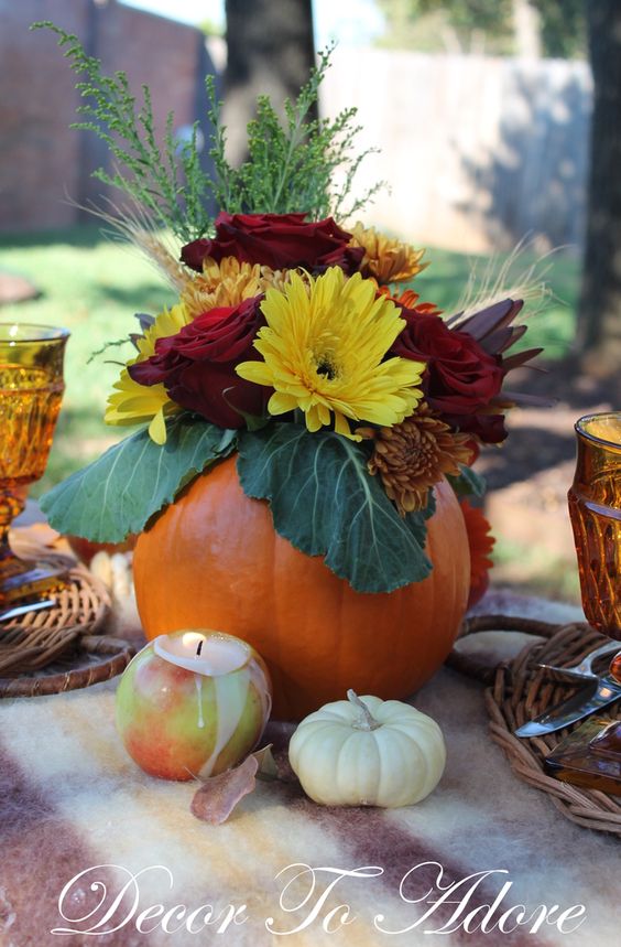 Pumpkin flower arrangement, Thanksgiving centerpiece, DIY, fall decor, thrifty, budget, Decor To Adore
