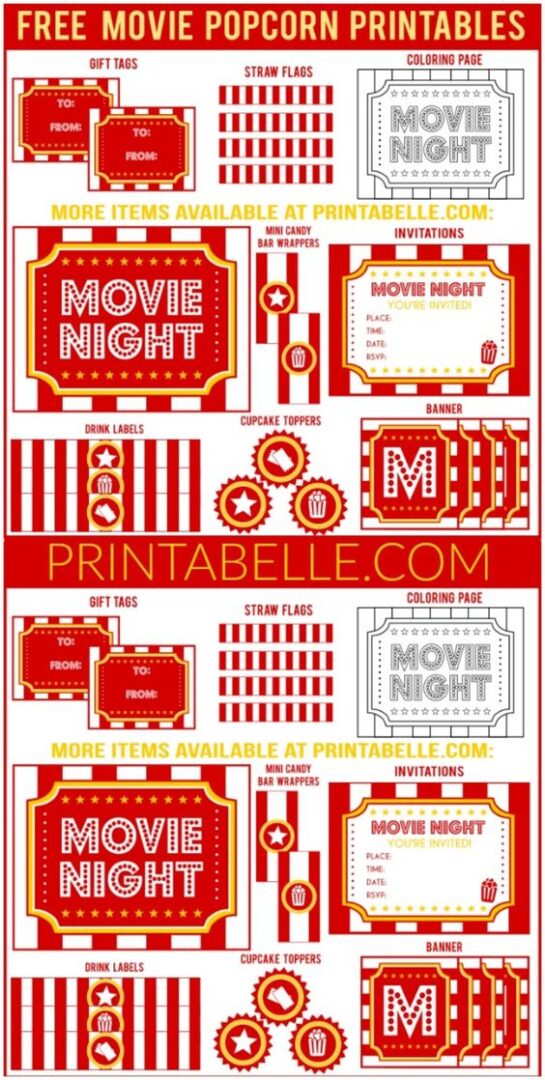 Free Movie Night Popcorn Printables and more! – Free Party Printables at Printabelle