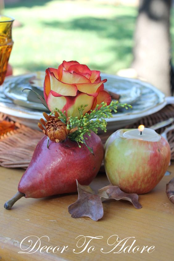 pear flower arrangement, apple votive, Thanksgiving centerpiece, DIY, fall decor, thrifty, budget, Decor To Adore