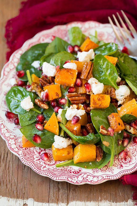 Butternut Squash, Pomegranate and Goat Cheese Spinach Salad with Red Wine Vinaigrette |