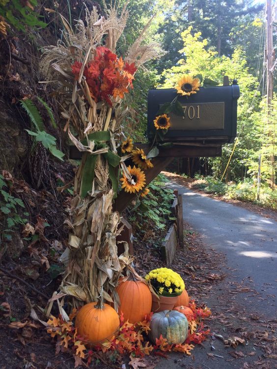 Mailbox Decorated for Fall and Halloween with cornstalks, sunflowers, mums, and pumpkins.