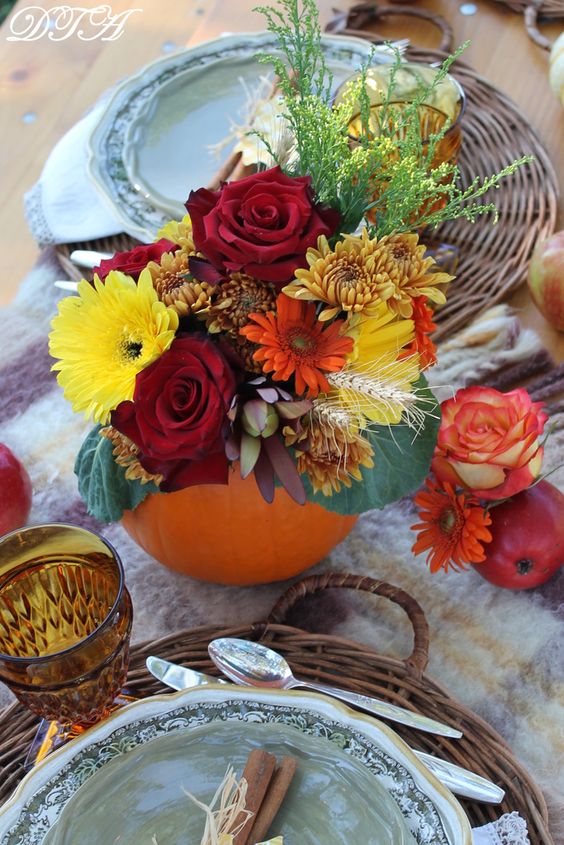 Cozy fall tablescape, pumpkin centerpiece, DIY, thrifty, budget, Thanksgiving, centerpiece, Decor To Adore